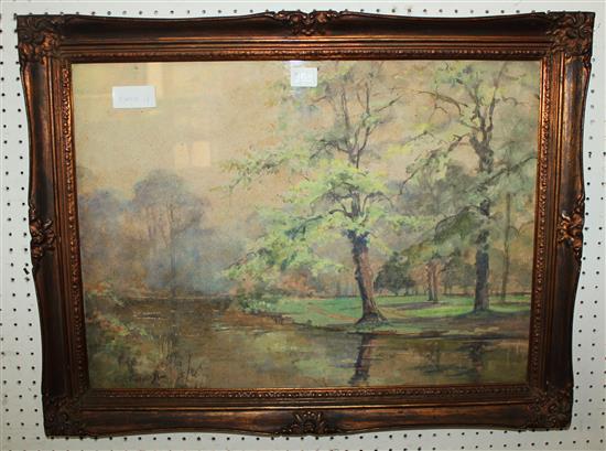 W/colour - woodland/river scene